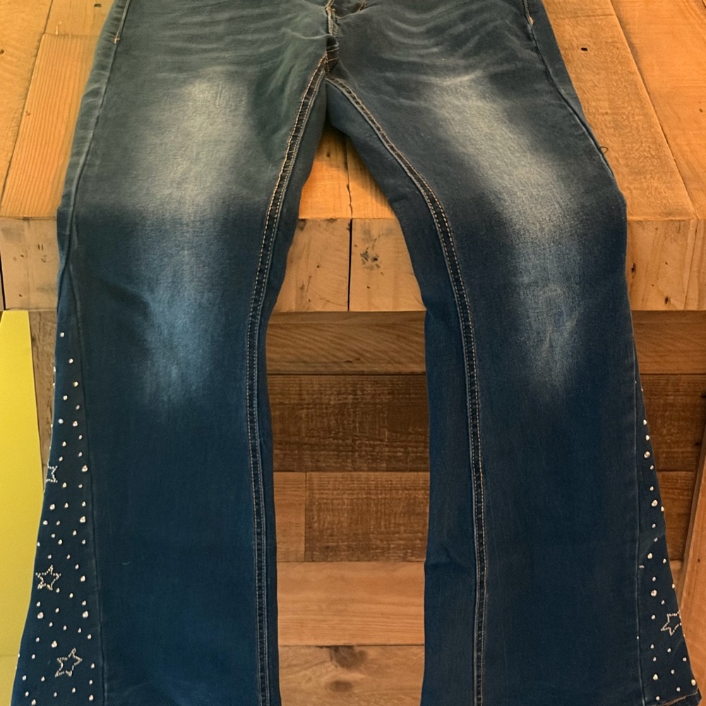 BAMBOO Dark Blue Flare Jeans with Studded Star Side Panels